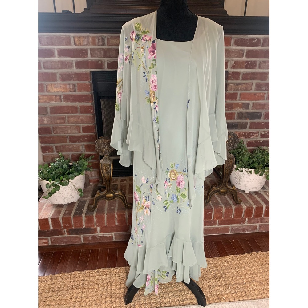 Alex Evenings Sage Green Floral Beaded Maxi Dress & Wrap Two Piece Set Size 12